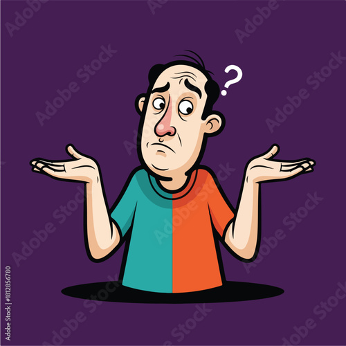 Confused Man Shrugging with Question Mark Above Head.