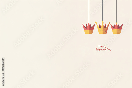 Couronnes colorées suspendues avec texte en anglais « Happy Epiphany Day » sur fond clair avec espace négatif copyspace pour visuel d’Épiphanie et tradition de début janvier
