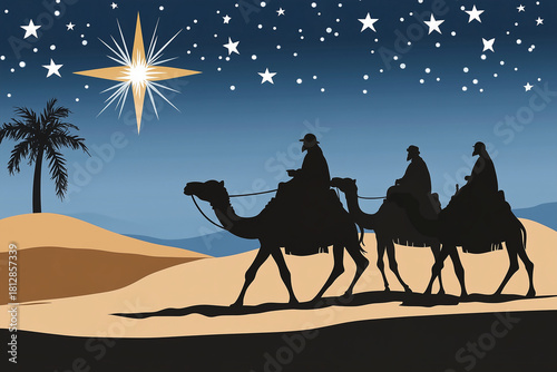 Rois mages avançant à dos de chameaux dans le désert sous ciel étoilé guidés par l’étoile de Bethléem pour visuel d’Épiphanie et tradition de début janvier