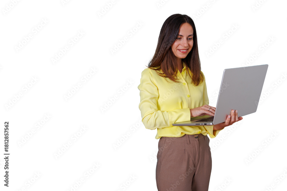 Naklejka premium Woman standing, typing on laptop, smiling, and working remotely, showing concepts of technology, connectivity, and productivity. Transparent background
