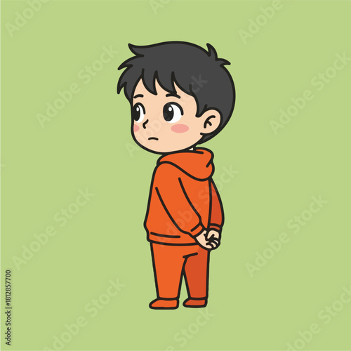 Cute Cartoon Boy in Orange Hoodie Looking Over Shoulder.