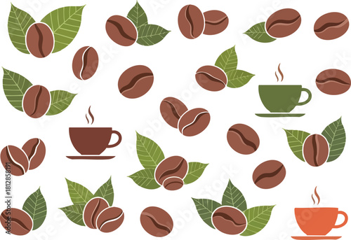 Aromatic Delight Coffee Beans and Steaming Cups Illustration