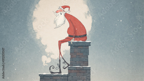 Humorous Santa with long thin legs sits awkwardly on a narrow chimney in falling snow, witty  Christmas scene with subtle cartoon exaggeration and space for text