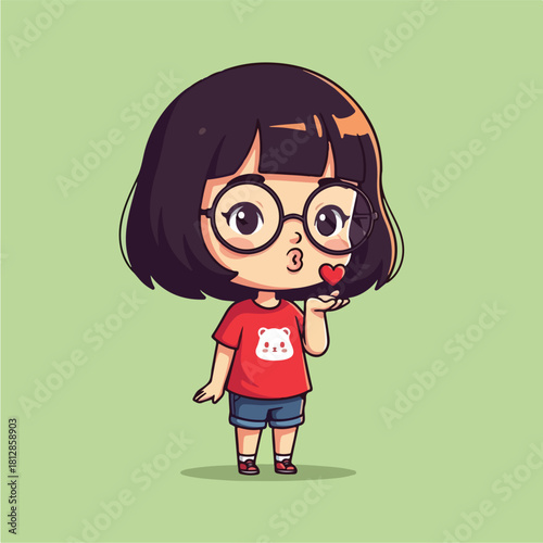 Cute cartoon girl with glasses blowing a kiss.