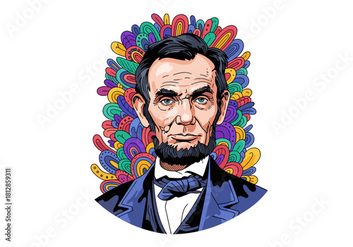 Illustrated depiction of Abraham Lincoln against a colorful background  