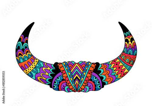 Decorated bull horns in bright colors for Hindu festival Pongal  