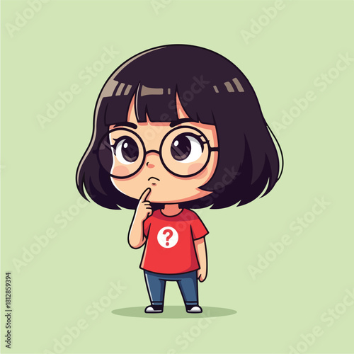 Cute Chibi Girl with Glasses Thinking Pose Illustration.