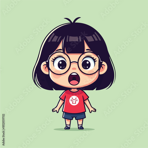 Cute little girl with glasses and open mouth in a surprised expression.