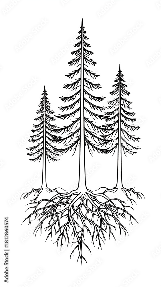 Obraz premium Three coniferous trees with visible, intricate root systems in a graphic style.