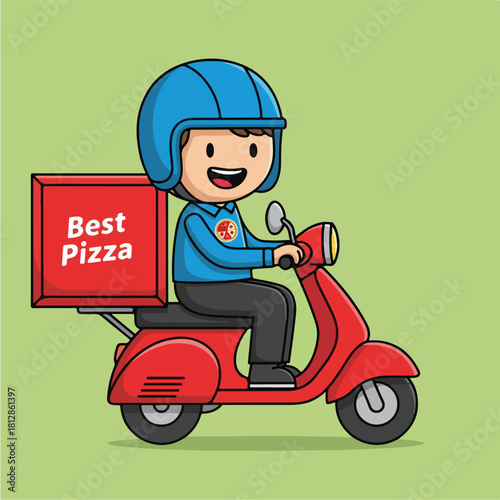 Happy pizza delivery person riding a red scooter with a Best Pizza box.
