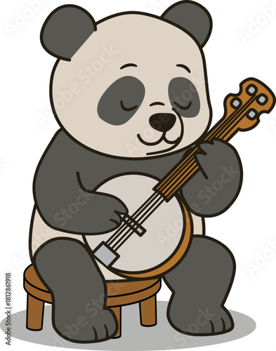 A cute panda playing a banjo while sitting on a stool. Ideal for educational or animal-themed designs. Original AI artwork, manually vectorized. Perfect for creative projects