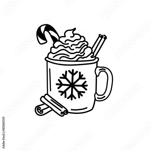 A cup of hot chocolate, topped with whipped cream and cinnamon sticks