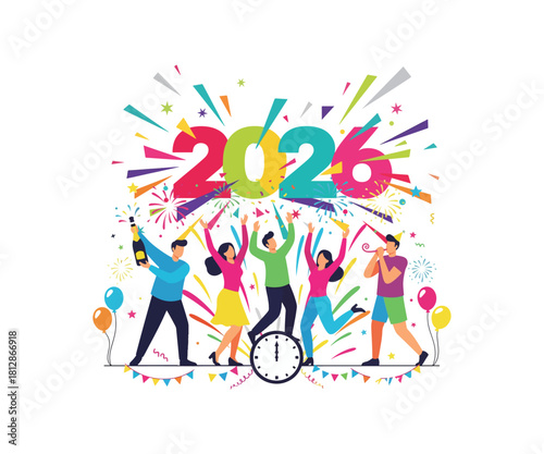 Celebrate 2026 with friends at a vibrant party, joyfully ringing in the New Year with confetti and champagne, marking a fresh start and unforgettable memories