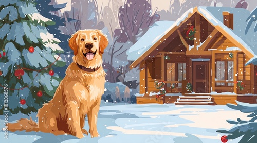 A joyful golden retriever poses in front of a cozy cabin in a snowy winter landscape.