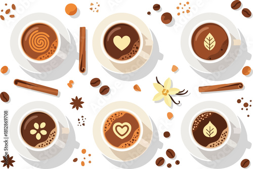 Coffee Cups with Latte Art and Spices Vector Illustration