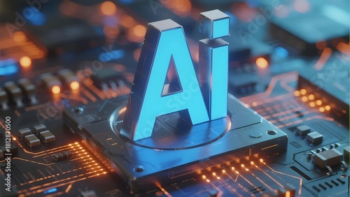 3D AI letters on a circuit board with glowing electronic components