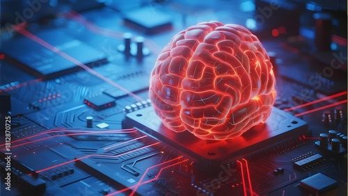 A glowing red brain model placed on a circuit board with laser-like connections, symbolizing artificial intelligence and neural technology.