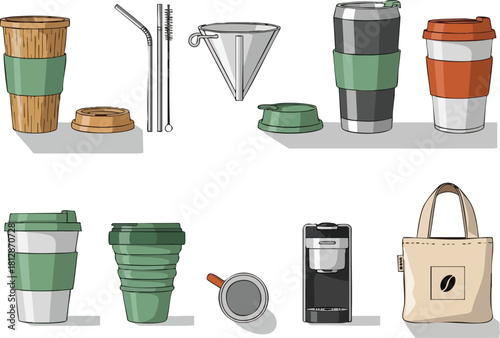 Eco-Friendly Coffee Equipment Set Illustration