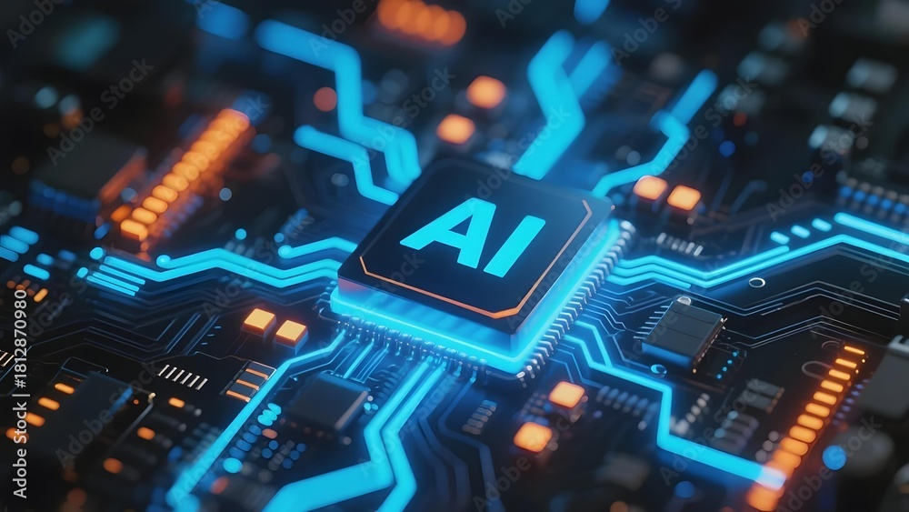 Fototapeta premium Artificial intelligence chip on a futuristic circuit board with glowing blue pathways and AI label