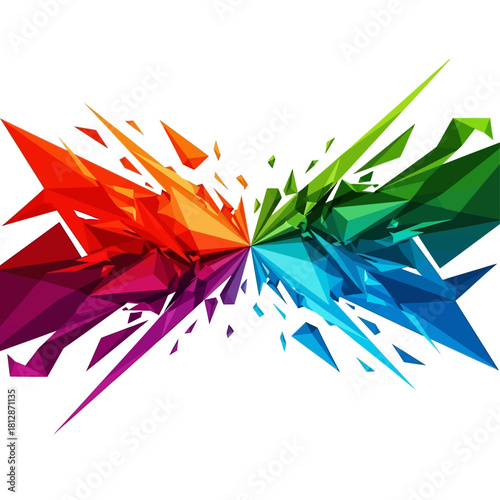 Dynamic explosion of vibrant geometric shapes creating a modern and abstract colorful design element with a spectrum of vivid hues