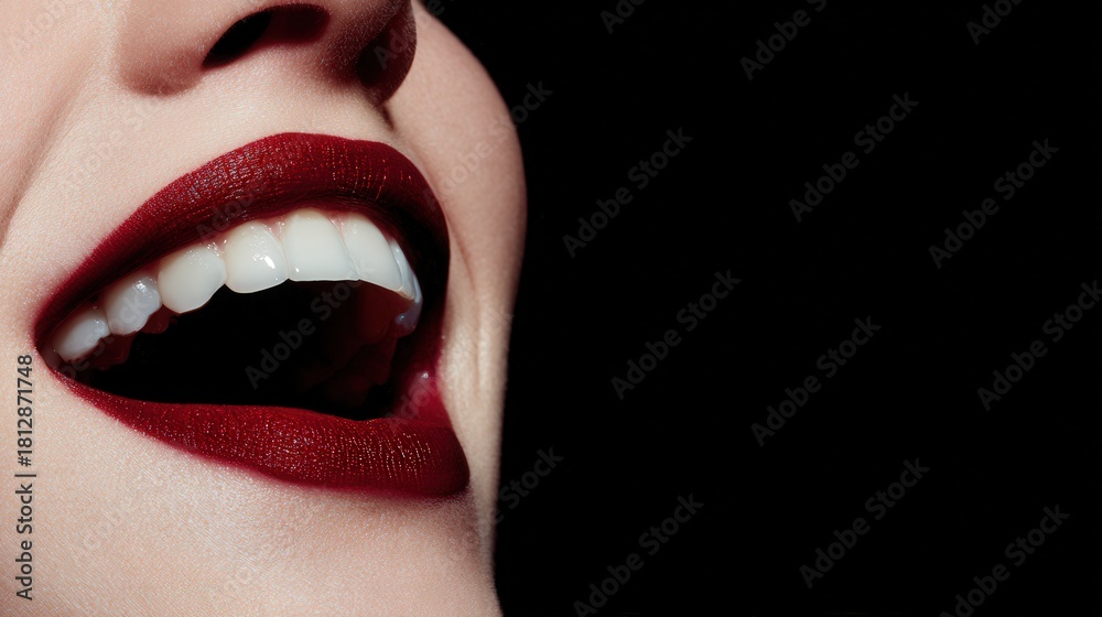 Obraz premium Close up of a wide open mouth displaying bright white teeth and dark red lipstick against a black background