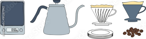 Brewing Essentials Coffee Scale, Kettle, and Pour Over Equipment Illustration