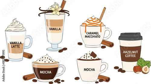 Delicious Coffee Drinks Latte, Mocha, Macchiato, and Hazelnut