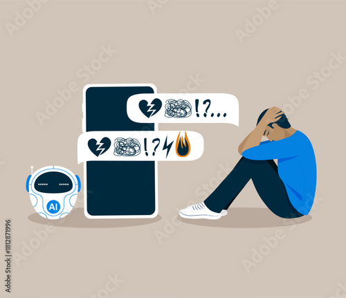 A depressed young man sits on the floor, hugging his head. Mental health risks from interacting with artificial intelligence. A soulless robot worsens depression, disorder, stress. Vector illustration