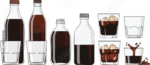 Refreshing Drinks Glassware with Dark Liquid Beverages and Ice Cubes