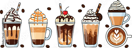 Illustrations of various types of delicious coffee drinks