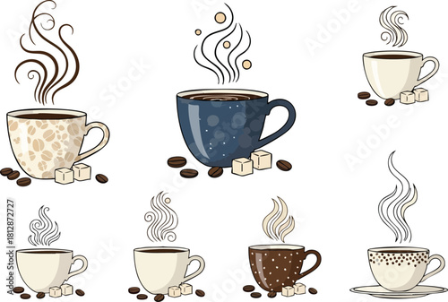 Various Coffee Cups with Beans and Sugar Cubes