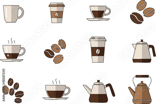 Coffee Icons Vector Set of Cups, Beans, and Pots for Cafe Design