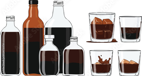 Illustration of Dark Liquors and Drinks with Ice Cubes