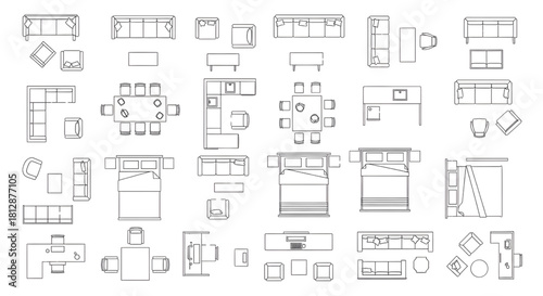 Top view architectural furniture symbols set. 2D CAD plan vector icons for interior design and floor plans