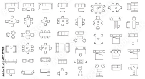 Top view architectural furniture symbols set. 2D CAD plan vector icons for interior design and floor plans