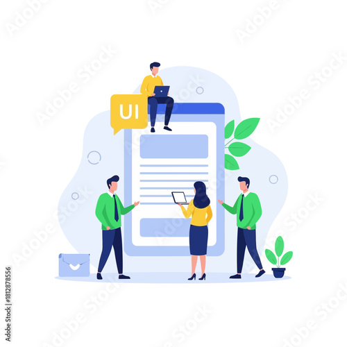 Dynamic team developing user interface design with modern laptops and digital tools, collaborative effort for innovative website and app creation