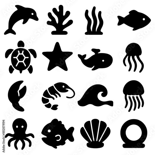 Oceanic Life Icons: A collection of simple, black and white icons representing diverse marine life, perfect for educational or creative projects.