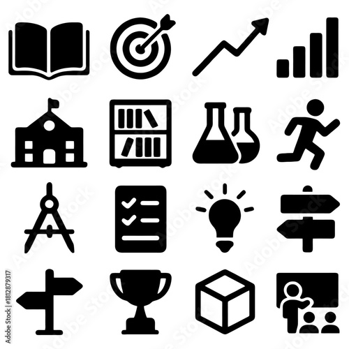 Visual Learning Toolkit: A curated collection of essential icons, perfect for educators and students alike, symbolizing the tools and concepts crucial for academic and professional advancement.