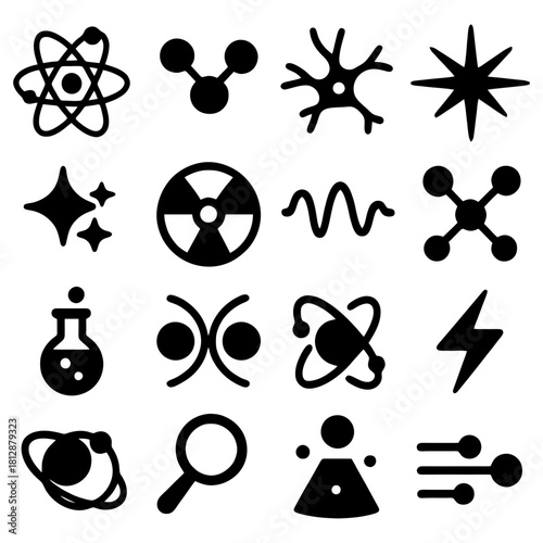 Science Icon Set: A comprehensive collection of iconic symbols representing the diverse fields of scientific study and innovation, showcasing elements, exploration, and discovery.