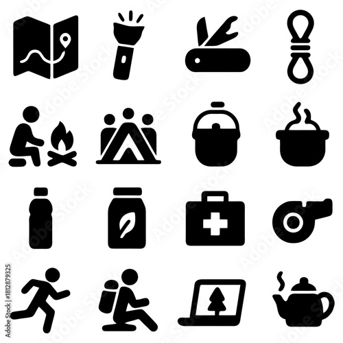 Essential Camping Icons: A collection of meticulously crafted camping and adventure icons, perfect for illustrating the essence of outdoor exploration, each symbol reflecting the spirit of adventure.