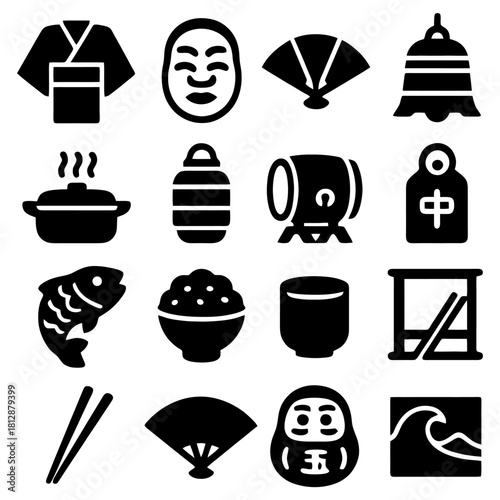 Iconic Japan: A collection of Japanese culture icons including traditional symbols reflecting Japan's identity.