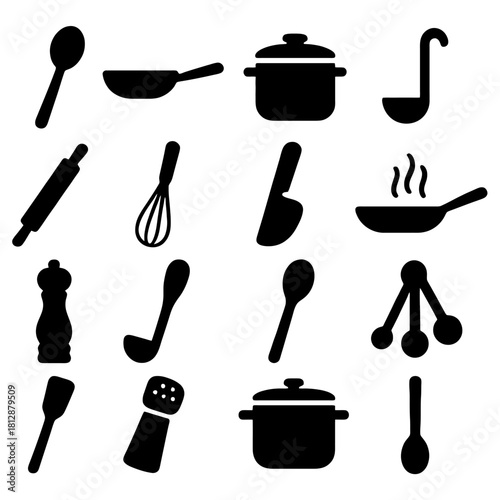Culinary Essentials: A graphic compilation of essential kitchen tools, each element representing a vital component of the culinary process. From whisks to rolling pins, ladles to spatulas.