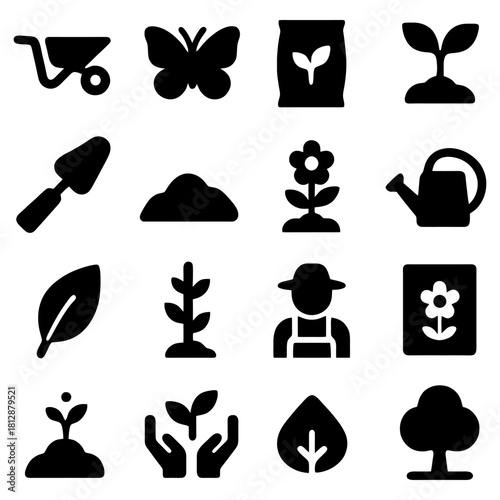 Garden Icon Set: A comprehensive collection of gardening icons, artfully designed to represent all aspects of horticultural work. conveying the essence of gardening.
