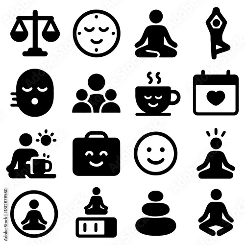 Harmony and Balance: A collection of various icons depicting concepts of balance, mindfulness, and serenity, ideal for design templates related to well-being and a balanced lifestyle.