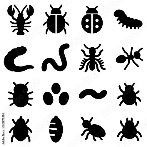 Diverse Insect Icons: An organized array of insect icons, showcasing the fascinating variety within the insect world. A versatile collection suitable for various creative projects.