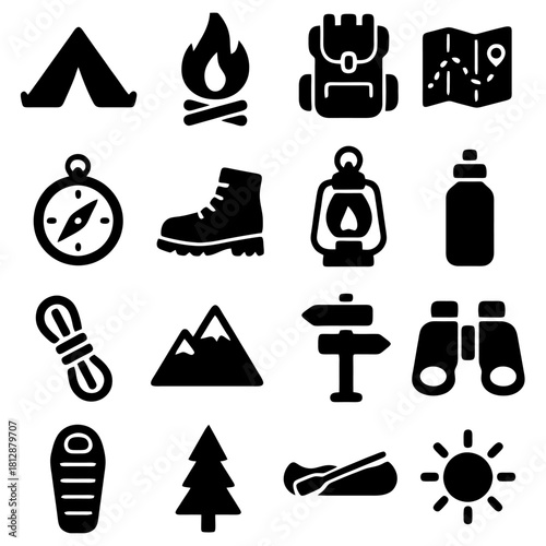 Outdoor Adventure Icons: A collection of various icons representing outdoor adventure essentials, ideal for travel and exploration.