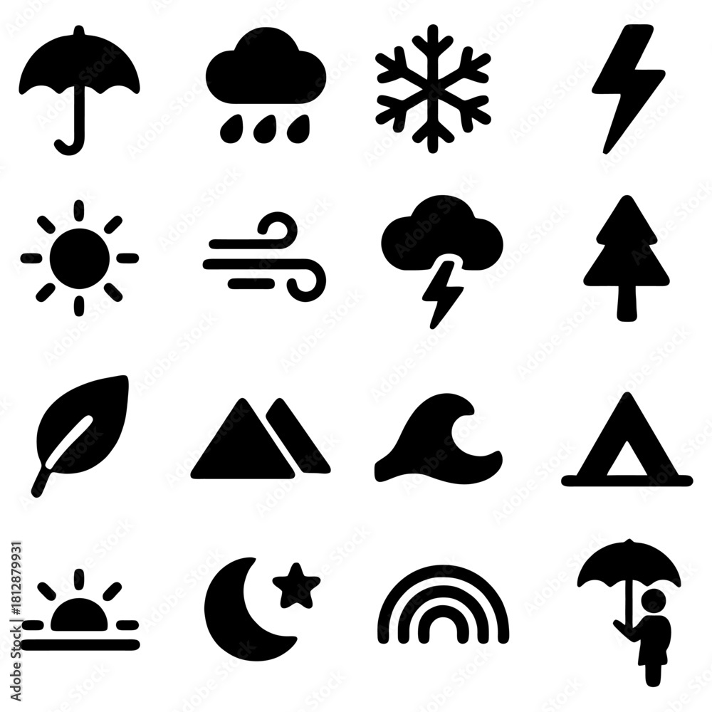 Naklejka premium Weather and Nature Icons: A collection of meticulously crafted silhouette icons capturing the essence of diverse weather conditions and natural elements, ideal for design.