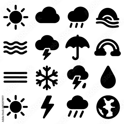Weather Icons Set: A collection of simple, black and white icons representing various weather conditions, perfect for illustrating forecasts, climate concepts, and meteorological information.