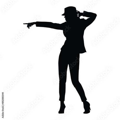 Silhouette illustration of a woman wearing a fedora-style hat and high heels, in a dramatic pointing or dancing pose. Conveys themes of performance, cabaret, jazz, style, or direction
