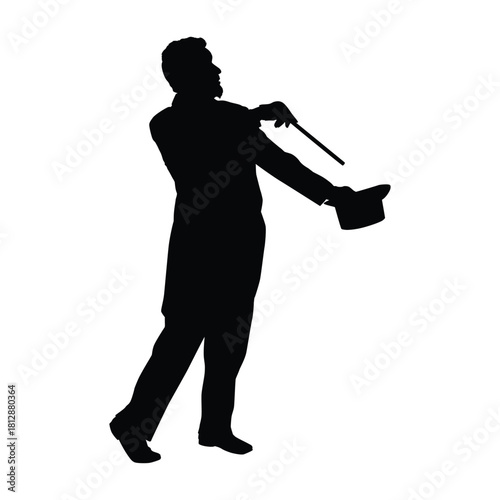 Silhouette illustration of a showman or magician in a tuxedo, performing a trick with a magic wand and top hat. Ideal for themes of illusion, entertainment, carnival, mystery, or circus.